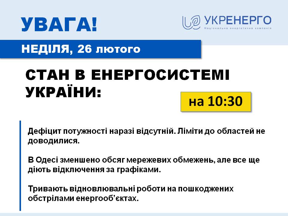Ситуація в енергосистемі України залишається стабільною