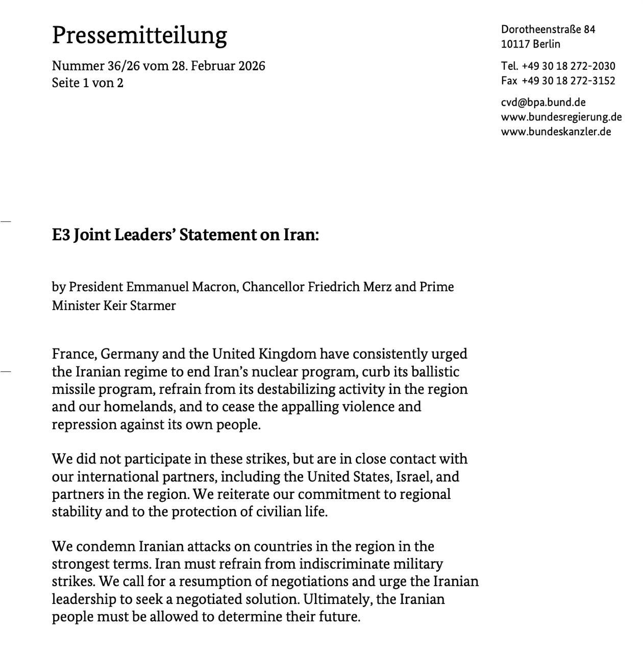 Снимок заявления европейцев о конфликте Израиля и США с Ираном