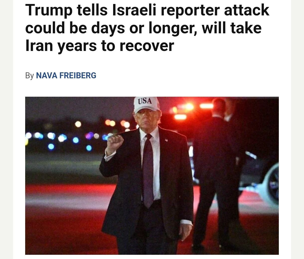 Снимок заголовка на timesofisrael.com – Трамп может закончить войну с Ираном через несколько дней