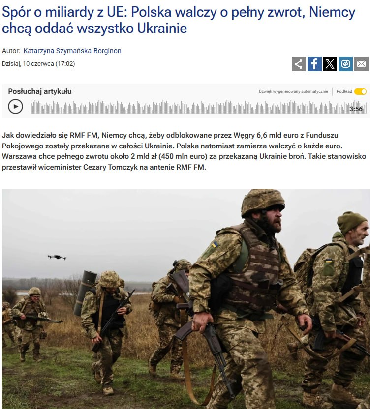 Снимок заголовка на rmf24.pl – Польша блокирует европейскую помощь Украине