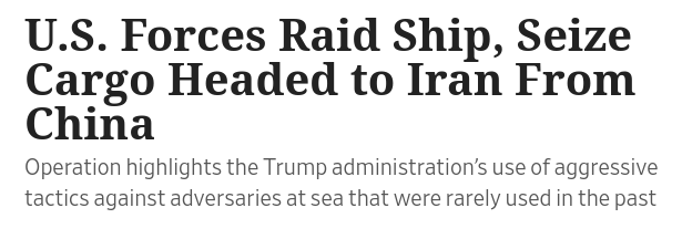 Снимок заголовка на wsj.com - США захватили судно из Китая в Иран