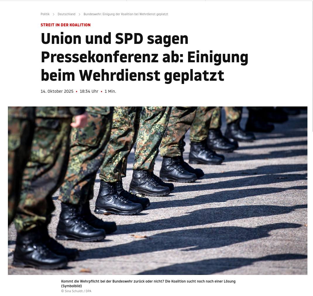 Знімок заголовка на stern.de - у ФРН не змогли винести до парламенту запровадження обов'язкової військової служби