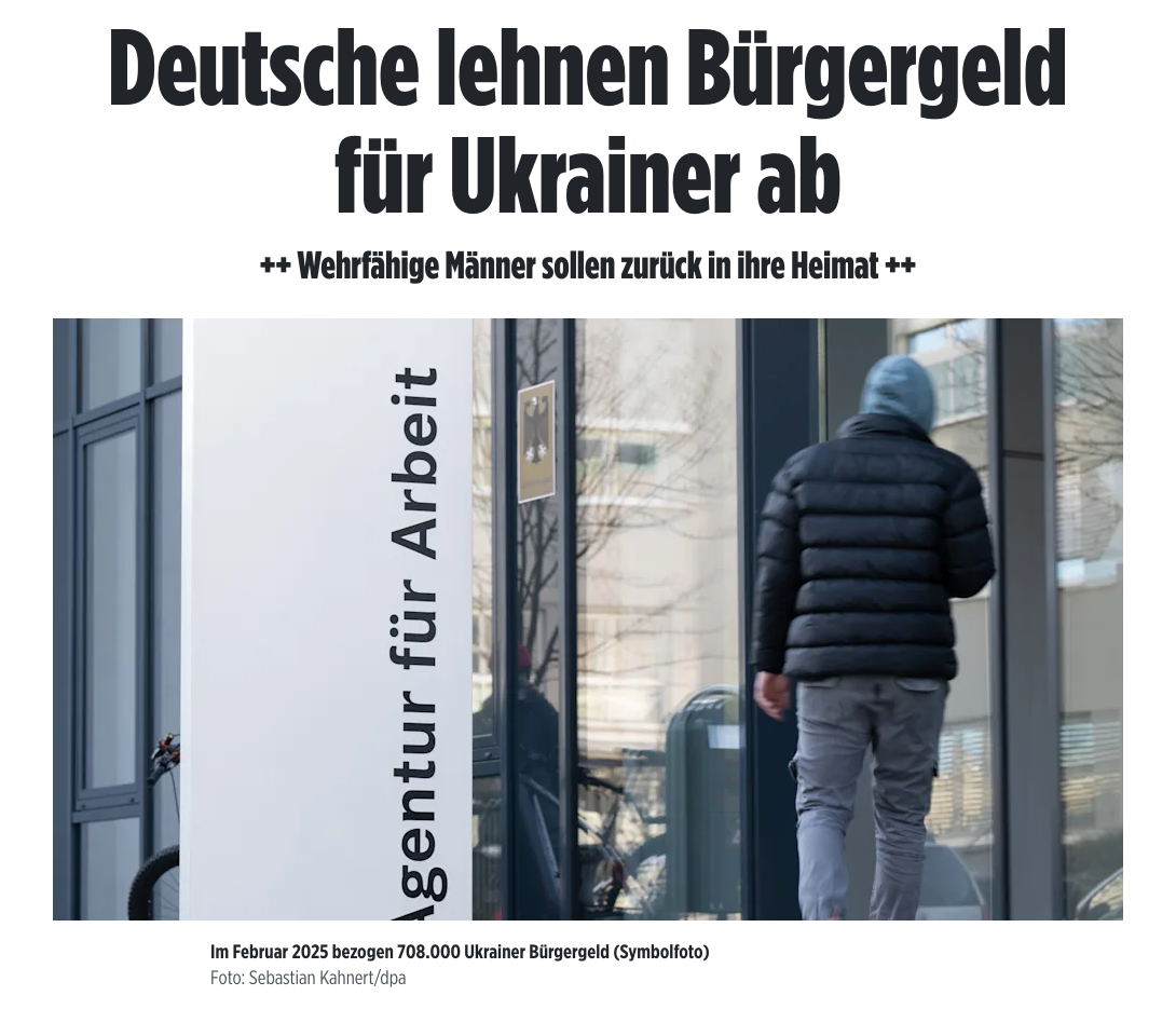 Знімок заголовка на bild.de - Більшість німців проти подальших виплат допомоги Bürgergeld біженцям з України
