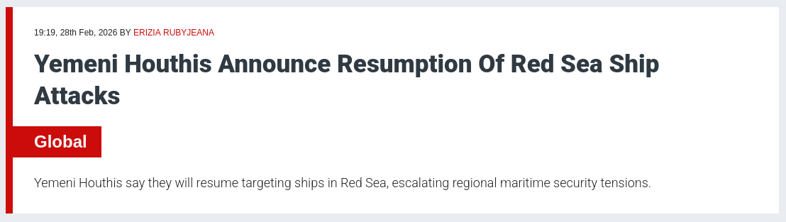 Снимок заголовка на arise.tv – Йеменские хуситы возобновили удары по судам после нападения на Иран