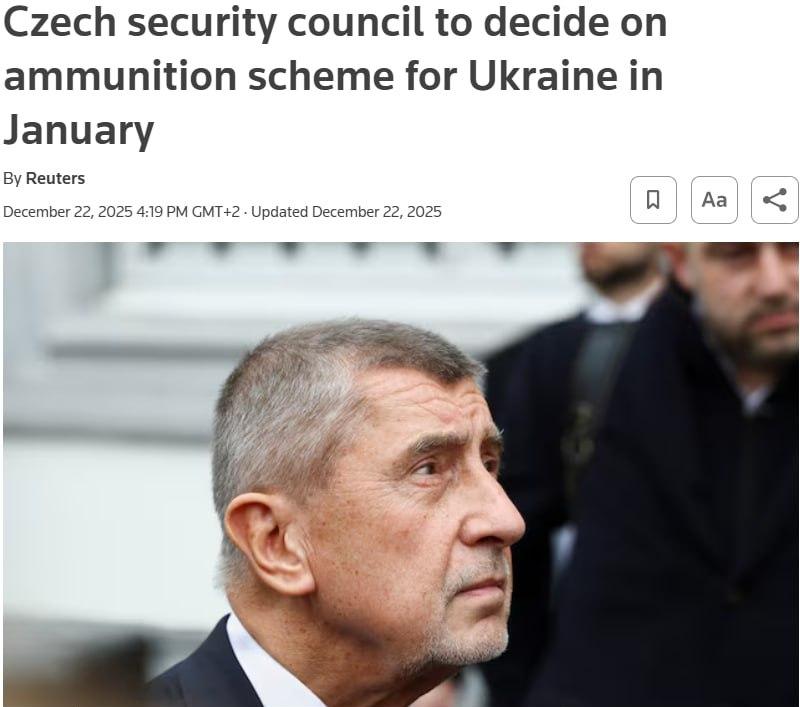 Снимок заголовка на Reuters.com - Чехия пересмотрит программу закупки снарядов для Украины