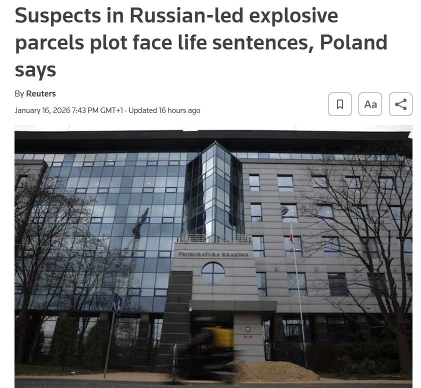 Знімок заголовка на reuters.com - Польща розглядає довічне ув'язнення учасників диверсійної групи РФ