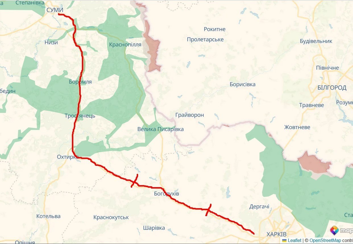 Карта бойових дій. Траса Суми &ndash; Харків. Джерело &ndash; Телеграм